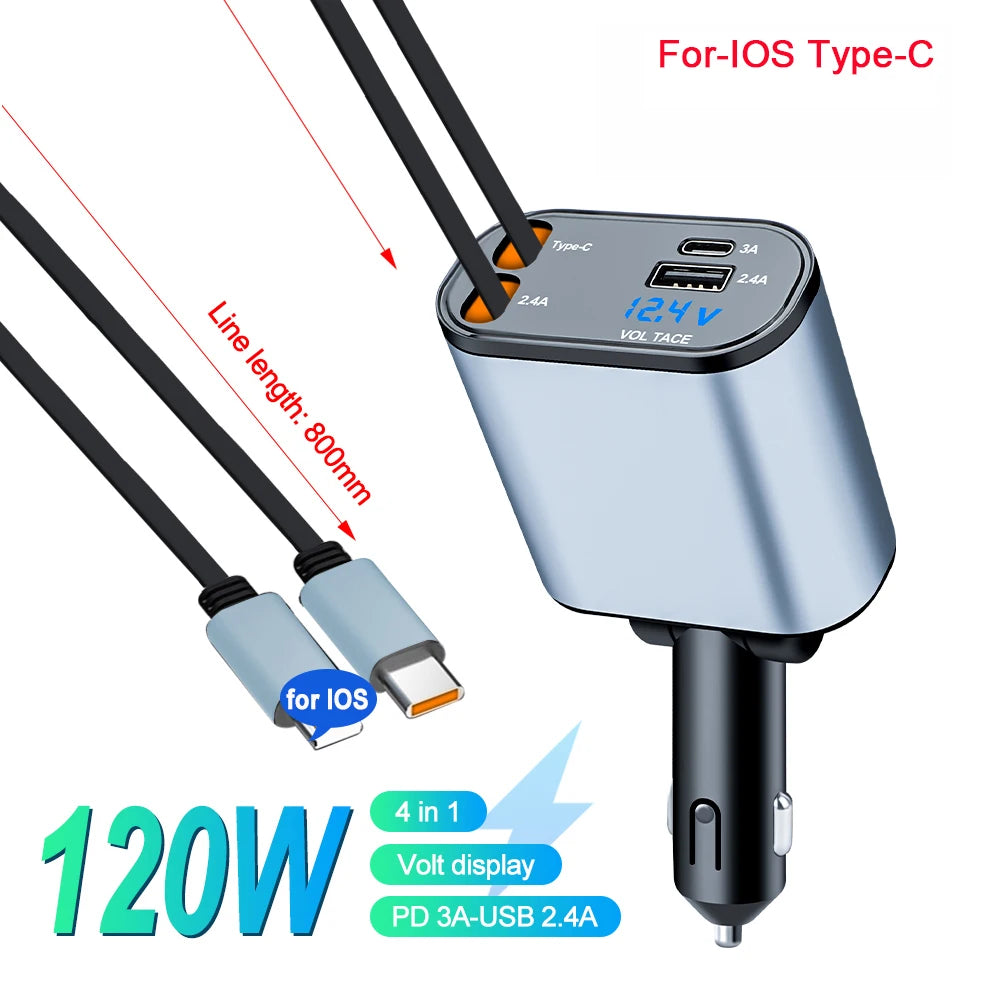 Tuzwa 120W 4-in-1 Fast Car Charger with Dual Retractable Cables – Multi-Port Vehicle Charging Adapter for iPhone, Android & USB Devices