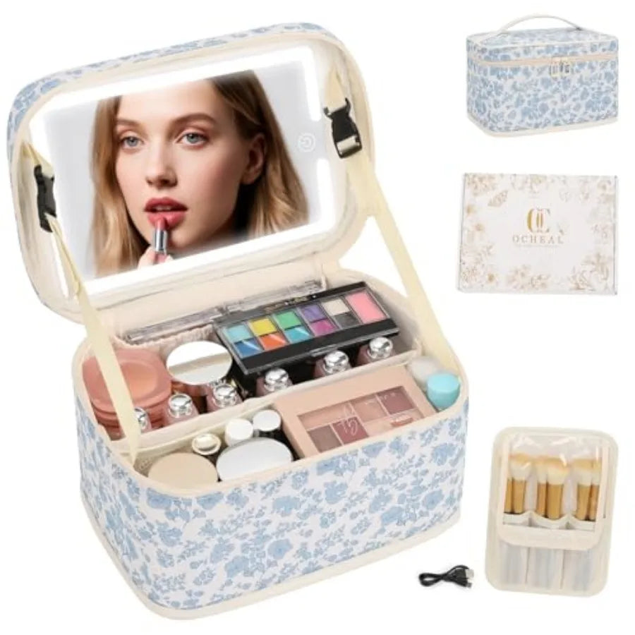 Tuzwa Travel Makeup Bag with LED Lighted Mirror – Portable Cosmetic Organizer Case for Makeup, Beauty & Travel Essentials