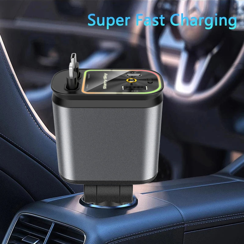Tuzwa 120W 4-in-1 Fast Car Charger with Dual Retractable Cables – Multi-Port Vehicle Charging Adapter for iPhone, Android & USB Devices