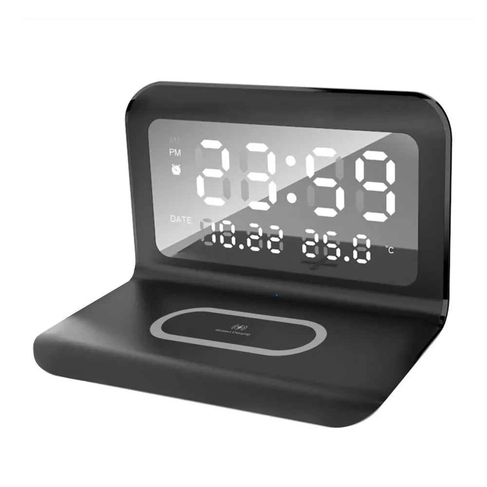 Tuzwa 30W Wireless Charging Stand with Alarm Clock & Thermometer – Fast Phone Charger for Bedside, Nightstand & Desk