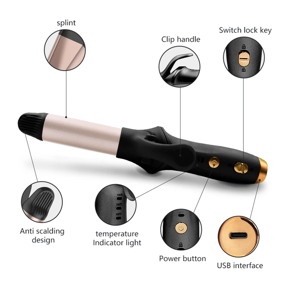 Tuzwa Cordless Mini Curling Iron – Rechargeable Portable Hair Curler with Fast Heating, 3 Temperature Settings, Anti-Scald Design & Auto Shutoff