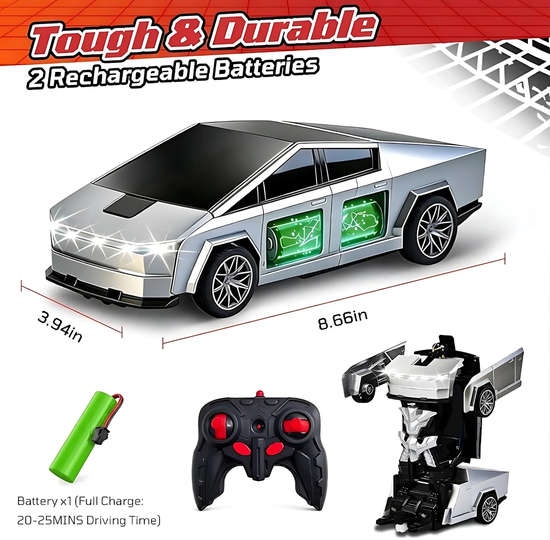 Tuzwa Transforming Robot RC Car – 2-in-1 Remote Control Car & Robot Toy with LED Lights, Rechargeable Lithium Battery