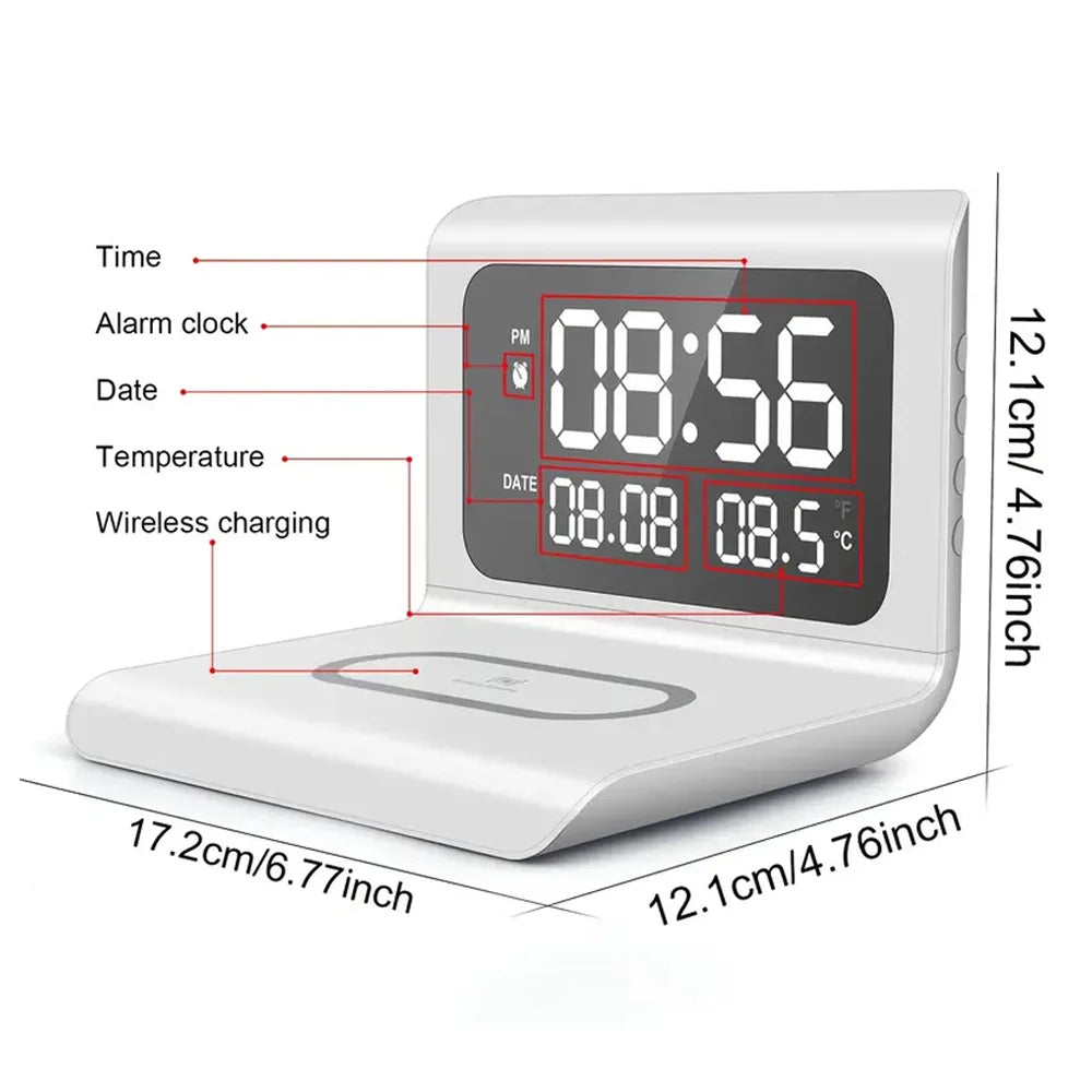 Tuzwa 30W Wireless Charging Stand with Alarm Clock & Thermometer – Fast Phone Charger for Bedside, Nightstand & Desk