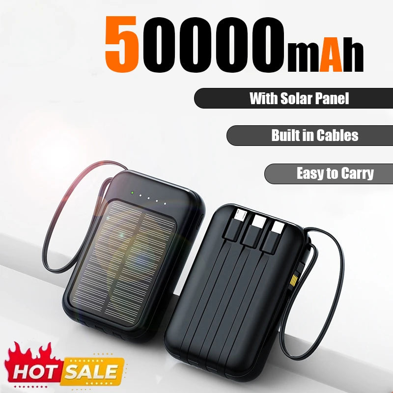 Tuzwa 50000mAh Solar Power Bank – High-Capacity Portable Charger with Built-In Cables, USB-C, Multiple Outputs & LED Flashlight for Smartphones