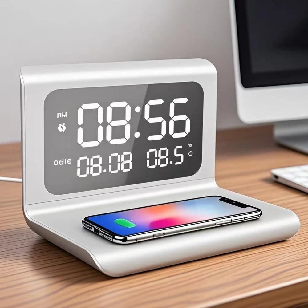 Tuzwa 30W Wireless Charging Stand with Alarm Clock & Thermometer – Fast Phone Charger for Bedside, Nightstand & Desk