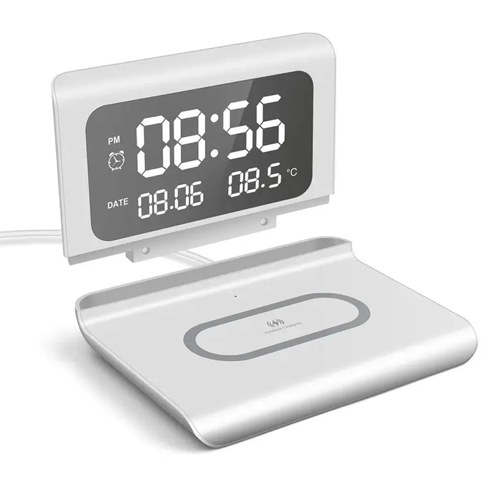 Tuzwa 30W Wireless Charging Stand with Alarm Clock & Thermometer – Fast Phone Charger for Bedside, Nightstand & Desk