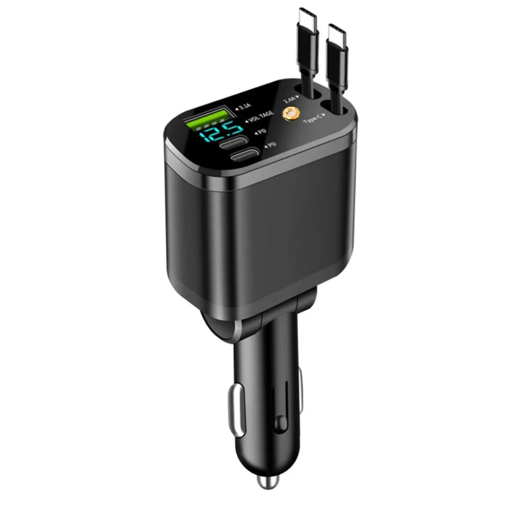 Tuzwa 5-in-1 Retractable Car Charger – USB-C Fast Charging Multi-Device Vehicle Adapter with Built-In Retractable Cable, Compact Design