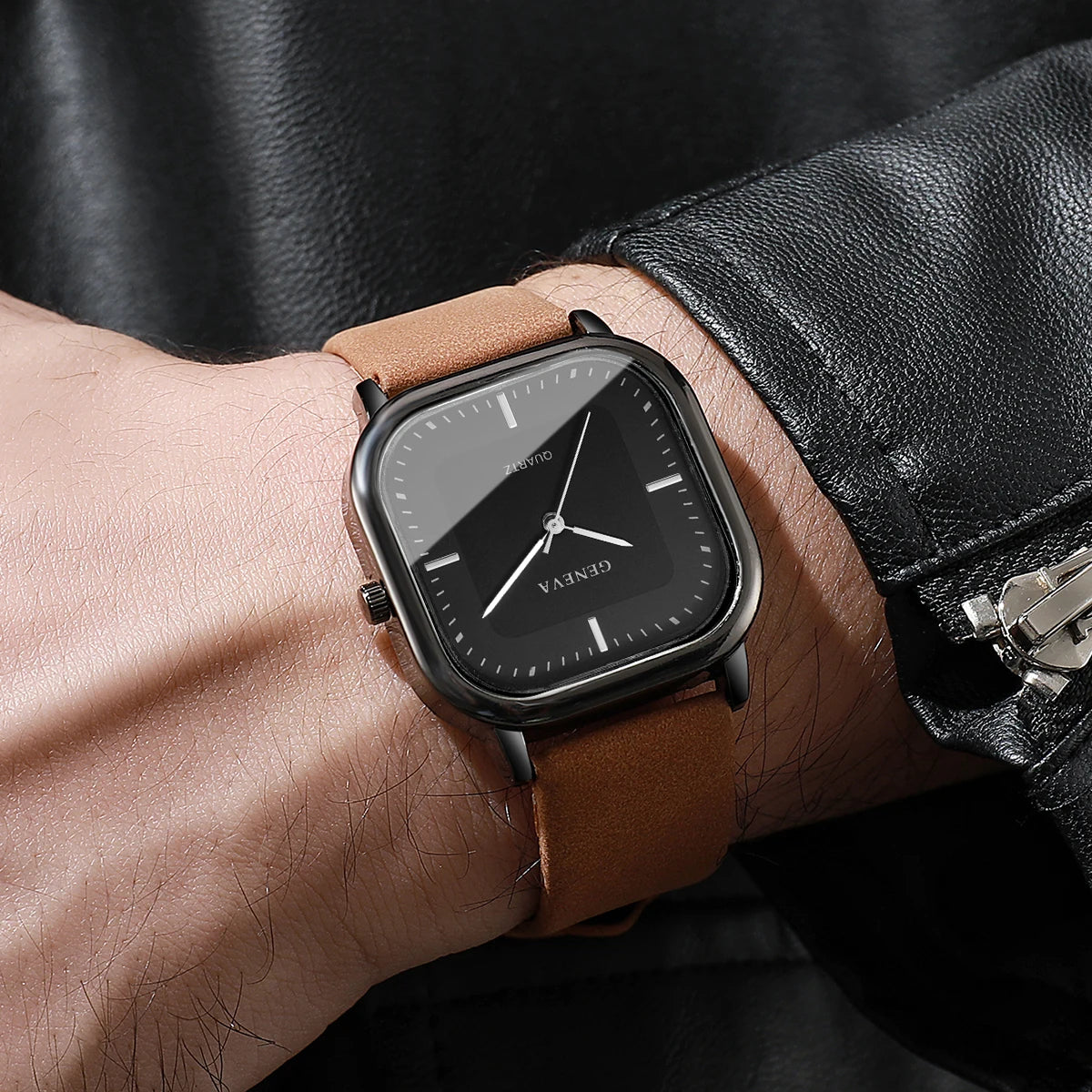Tuzwa Men's Square Quartz Watch with Leather Strap – Minimalist 35mm Dial, Splash-Resistant Casual Watch
