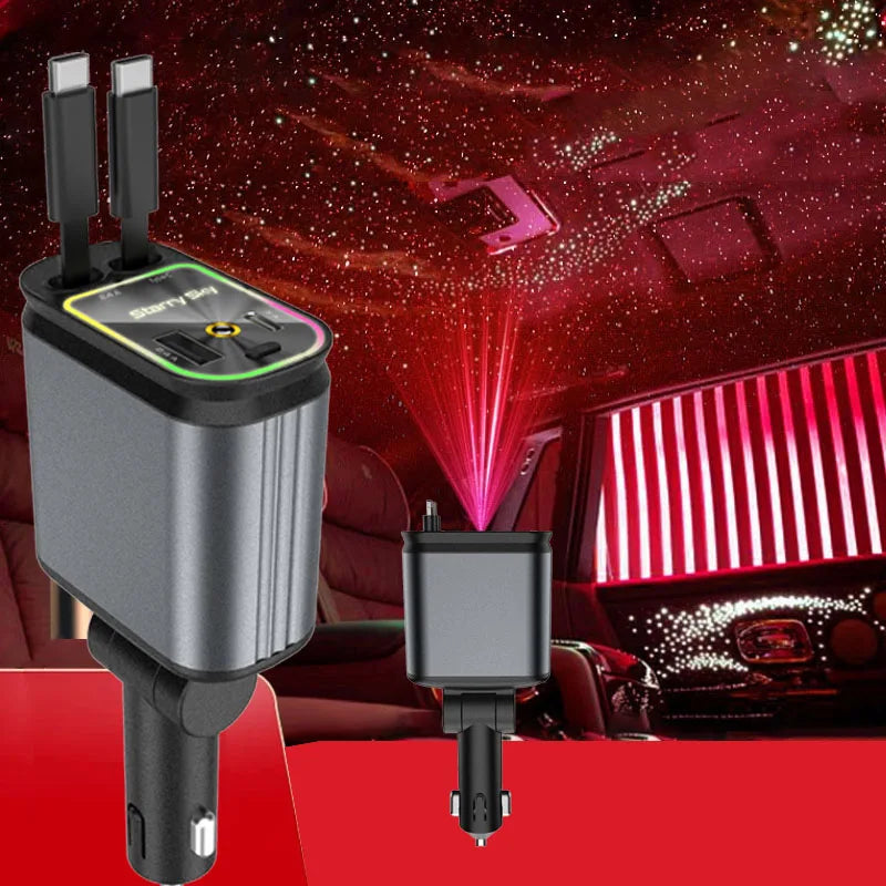Tuzwa 120W 4-in-1 Fast Car Charger with Dual Retractable Cables – Multi-Port Vehicle Charging Adapter for iPhone, Android & USB Devices