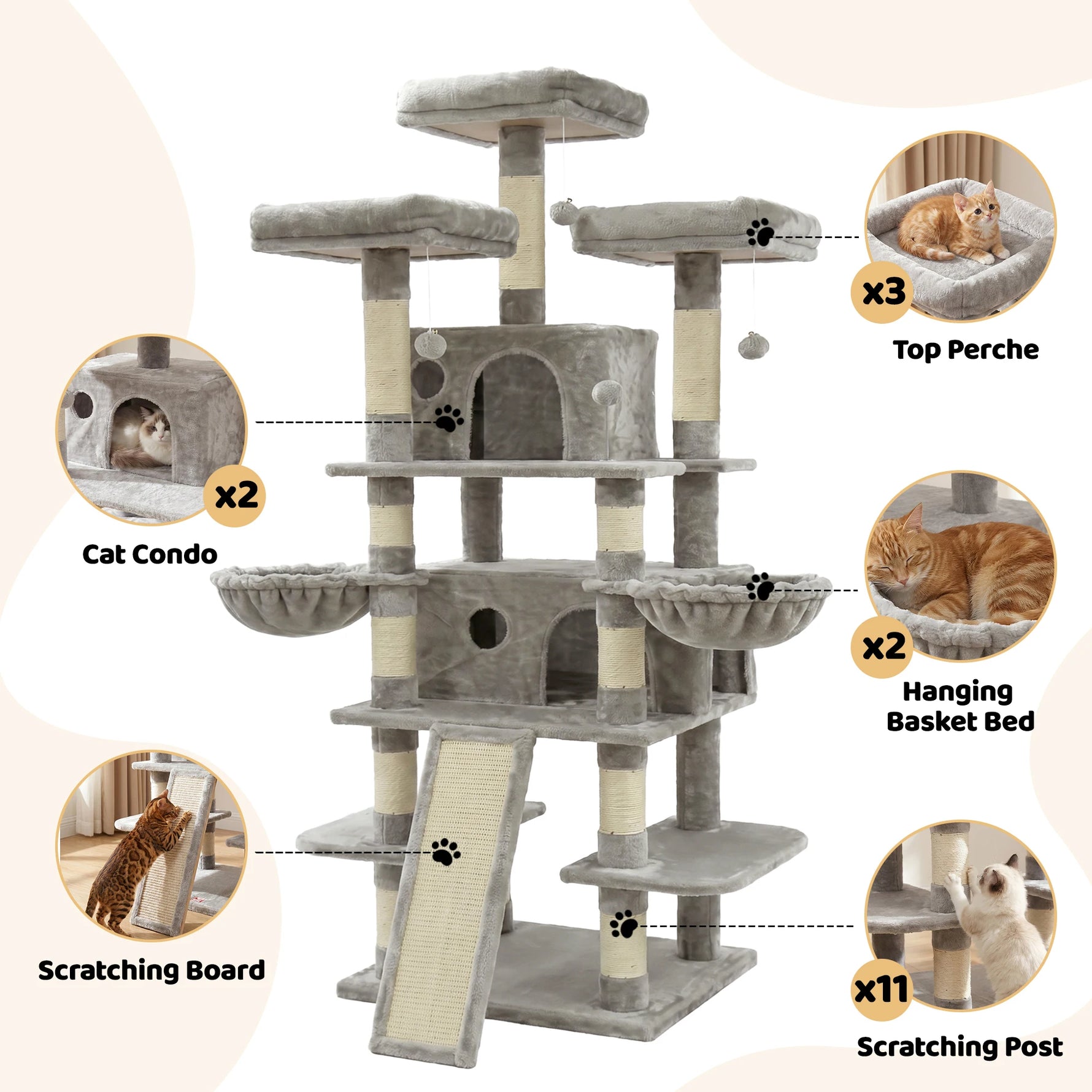 Tuzwa Large 4-Tier Cat Tree Tower | Multi-Level Cat Condo with 2 Houses, 3 Perches & Climbing Platforms for Indoor Cats