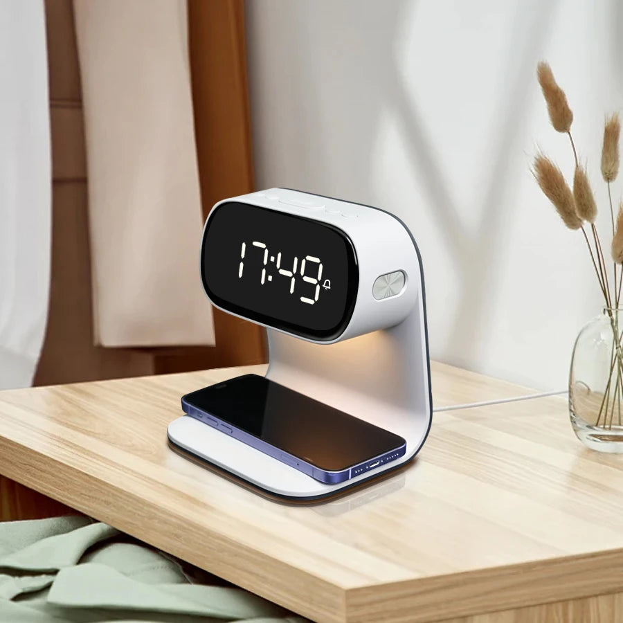 Tuzwa LED Alarm Clock with Wireless Charging & Warm Mood Light – 165mm Bedside Clock Lamp for Bedroom & Nightstand