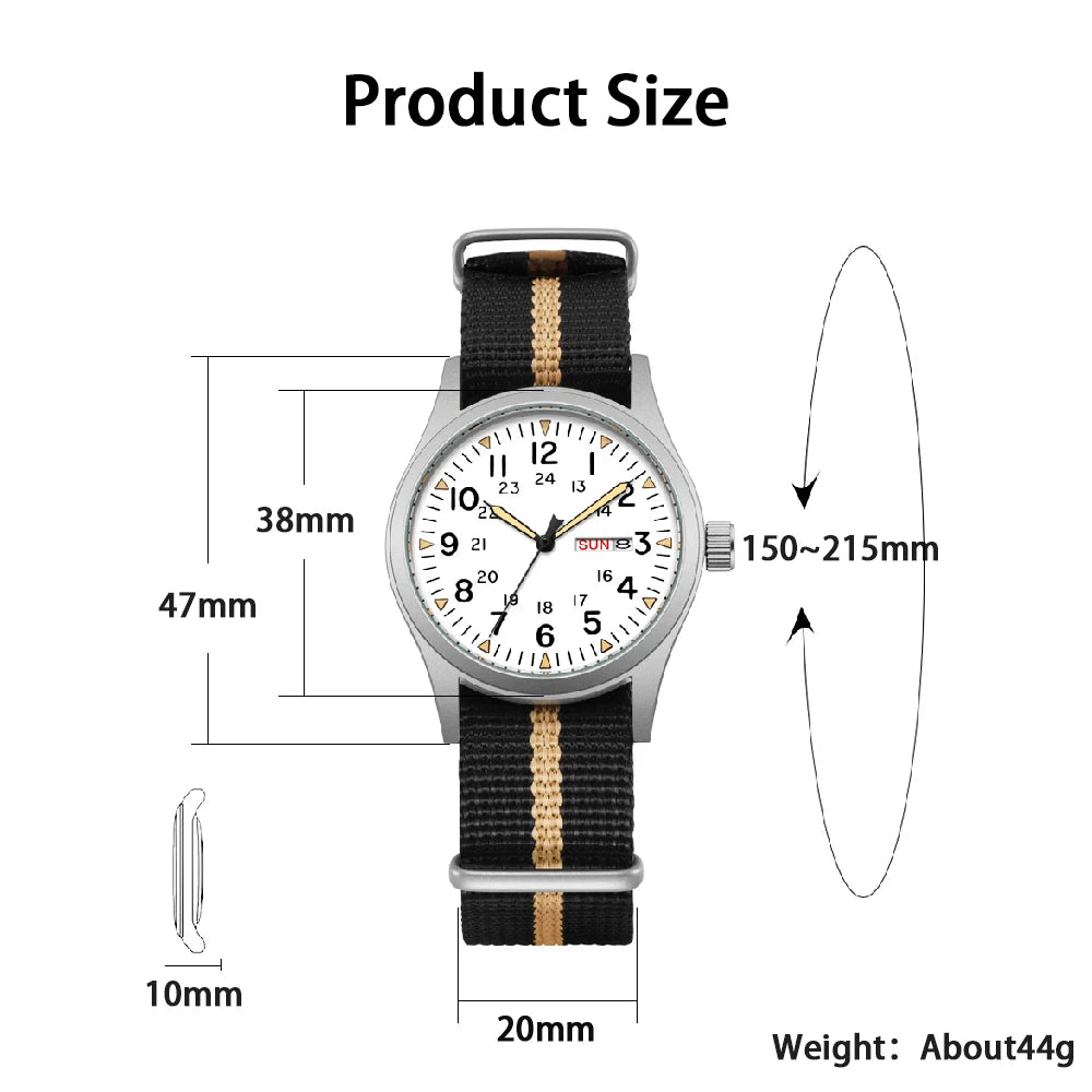 Men's 38mm Luminous Field Watch - Easy Read Arabic Numeral Dial, Durable Nylon Strap, Lightweight Everyday Watch