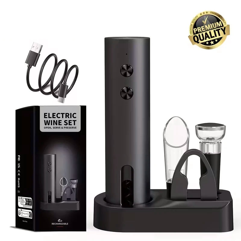 Tuzwa Rechargeable Electric Wine Opener Set – USB-C Automatic Corkscrew with Foil Cutter, Wine Pourer & Vacuum Stopper