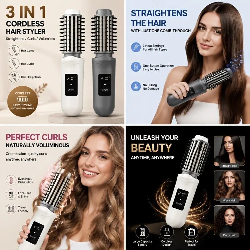 Tuzwa Cordless Hair Straightening Comb – 2600mAh Rechargeable Portable Hair Straightener & Curler for Wireless Styling
