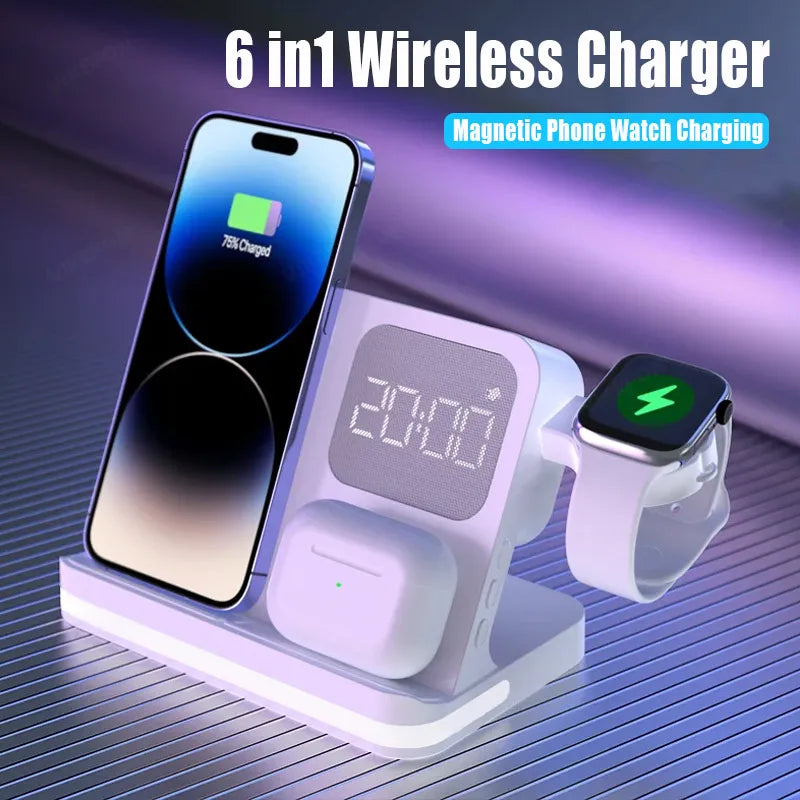 Tuzwa 3-in-1 Wireless Charging Station with LED Alarm Clock – Fast Phone, Smart Watch & Earbuds Charger with Cooling Fan