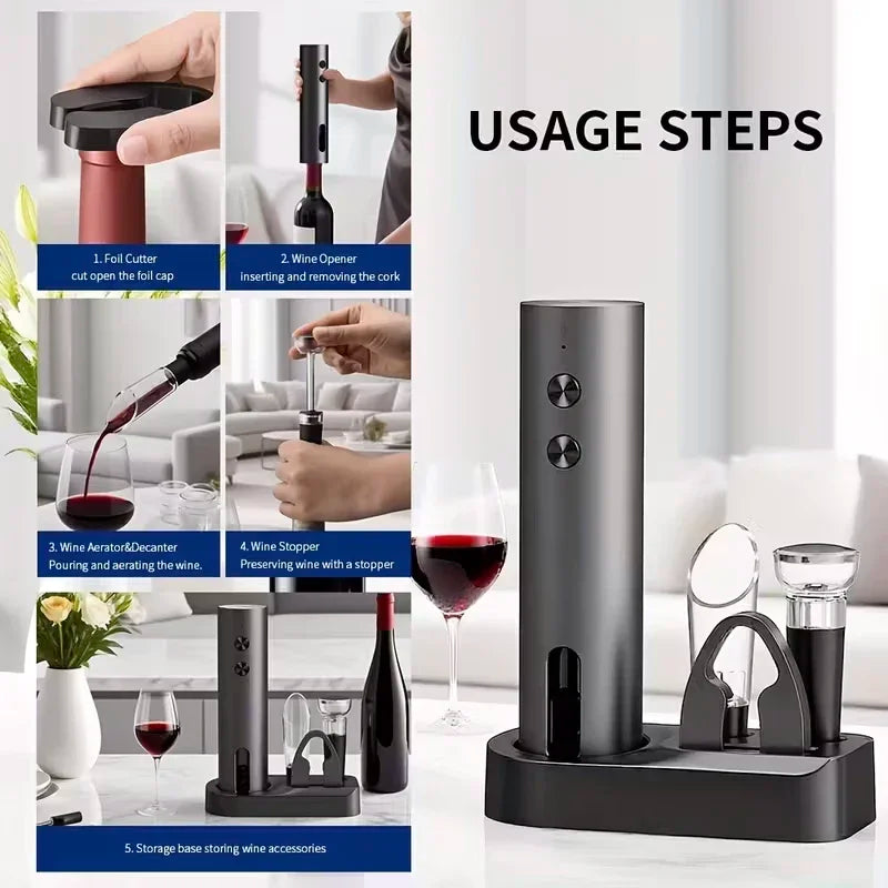 Tuzwa Rechargeable Electric Wine Opener Set – USB-C Automatic Corkscrew with Foil Cutter, Wine Pourer & Vacuum Stopper
