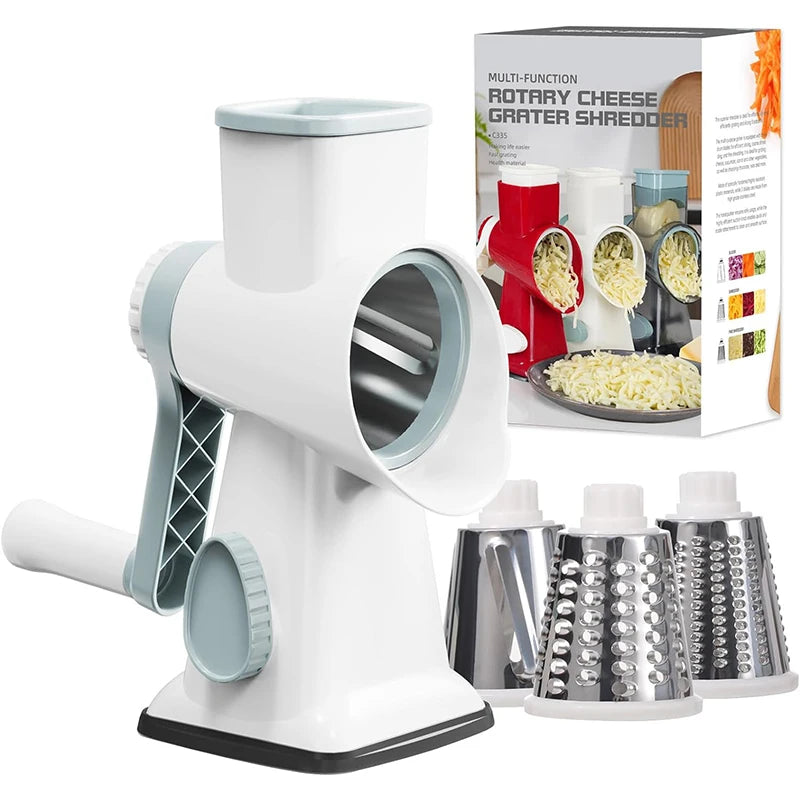 Tuzwa 3-in-1 Rotary Cheese Grater & Vegetable Slicer | Manual Food Processor with Interchangeable Stainless Steel Drums | Kitchen Shredder for Cheese, Vegetables & Nuts