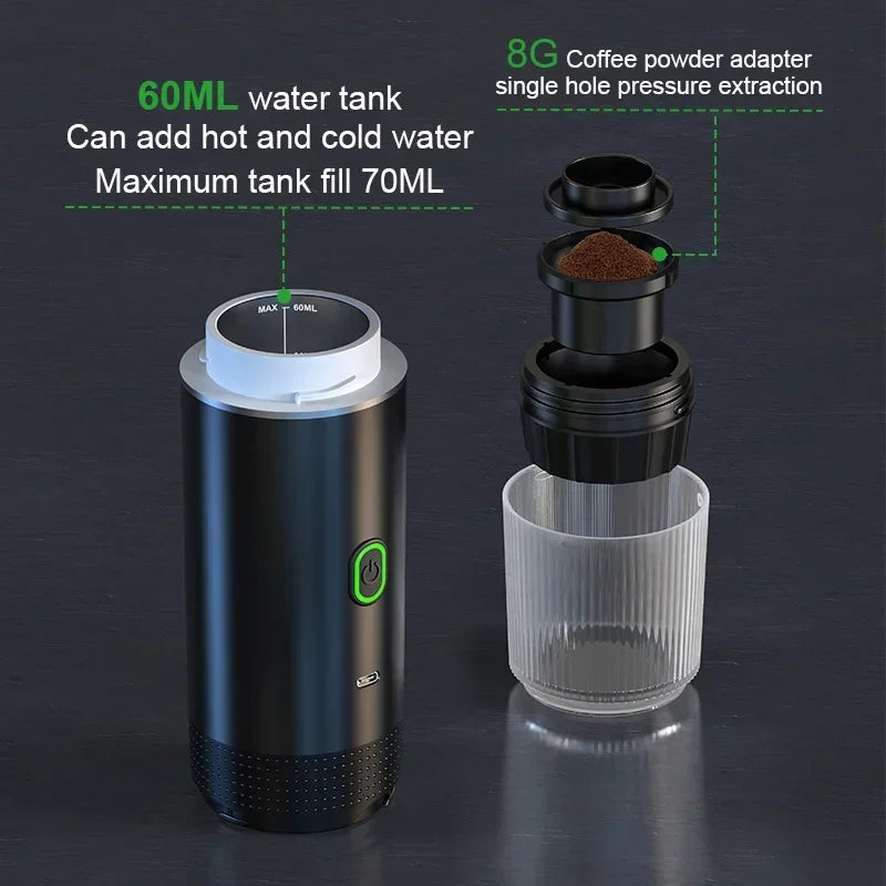 Portable Espresso Coffee Maker | Wireless 3-in-1 Portable Espresso Machine with 20-Bar Pressure & USB Rechargeable Design for Travel, Car & Home