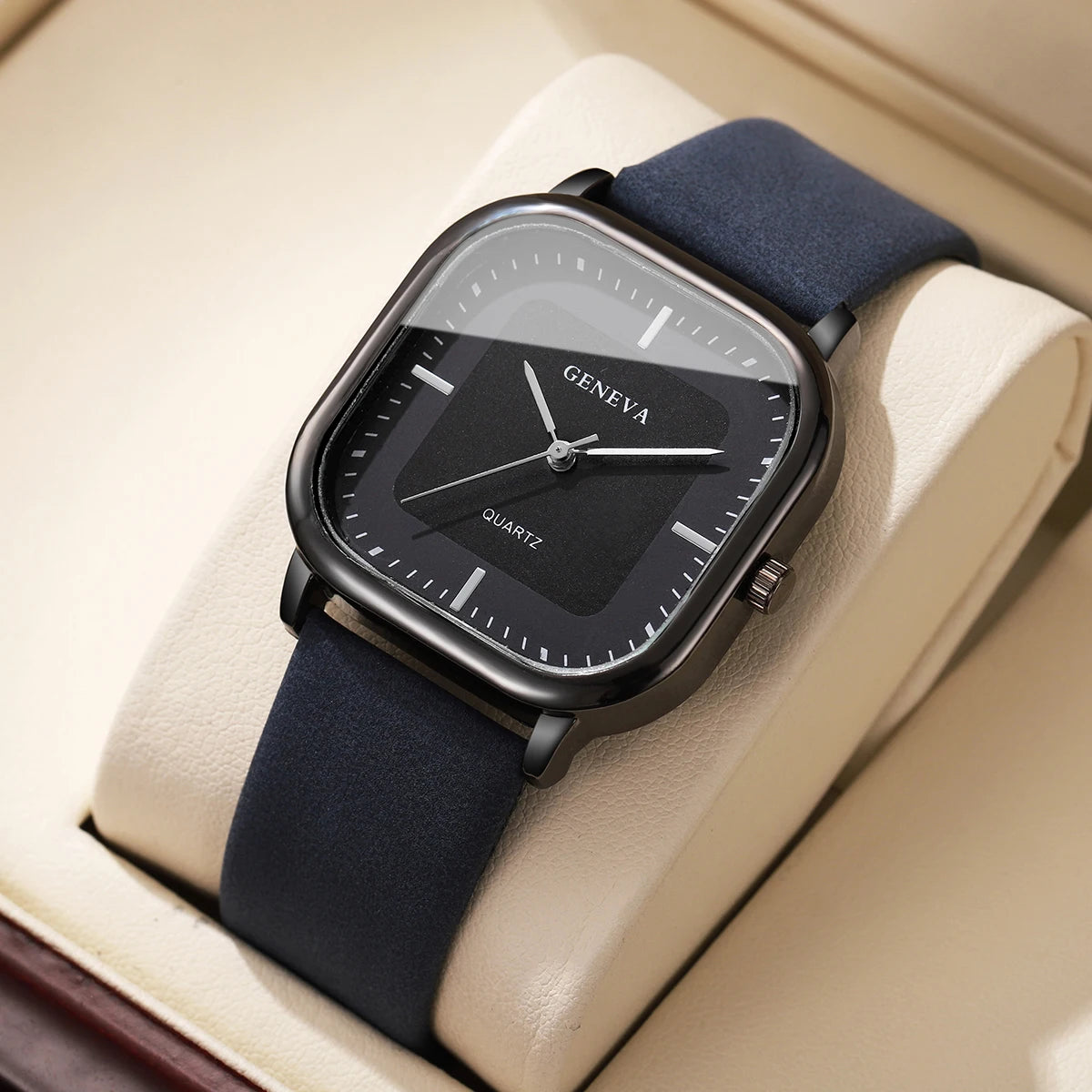 Tuzwa Men's Square Quartz Watch with Leather Strap – Minimalist 35mm Dial, Splash-Resistant Casual Watch