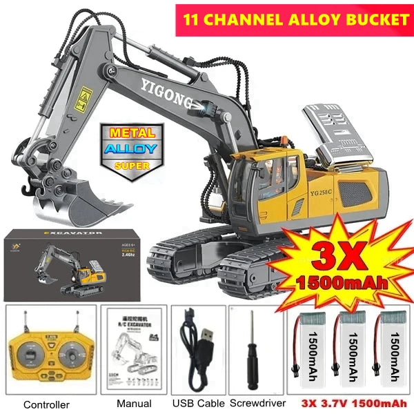 Tuzwa 4WD RC Excavator & Dump Truck – Alloy Remote Control Construction Vehicles with Lights, Sounds & Rechargeable Lithium Battery