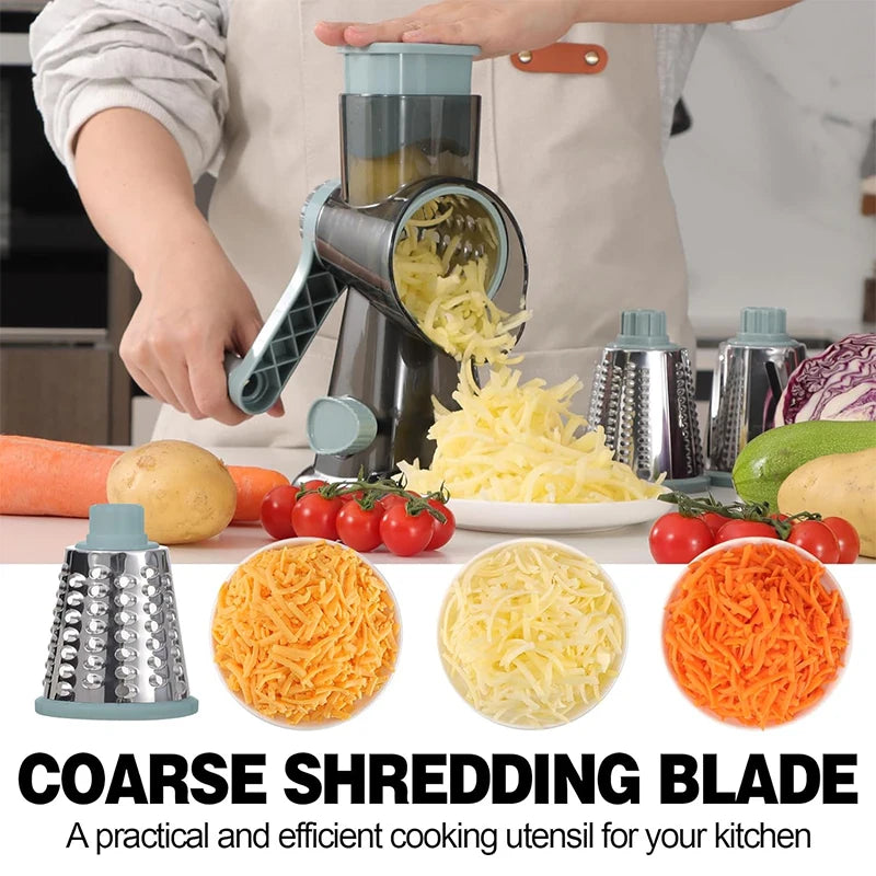 Tuzwa 3-in-1 Rotary Cheese Grater & Vegetable Slicer | Manual Food Processor with Interchangeable Stainless Steel Drums | Kitchen Shredder for Cheese, Vegetables & Nuts