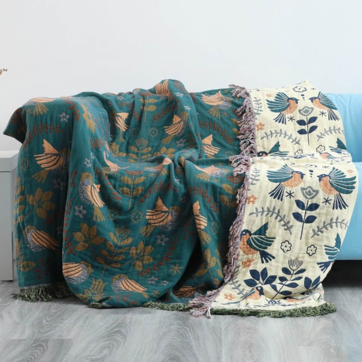 Scandinavian Bird Throw Blanket | Reversible Design with Cozy Cotton for All Seasons 0