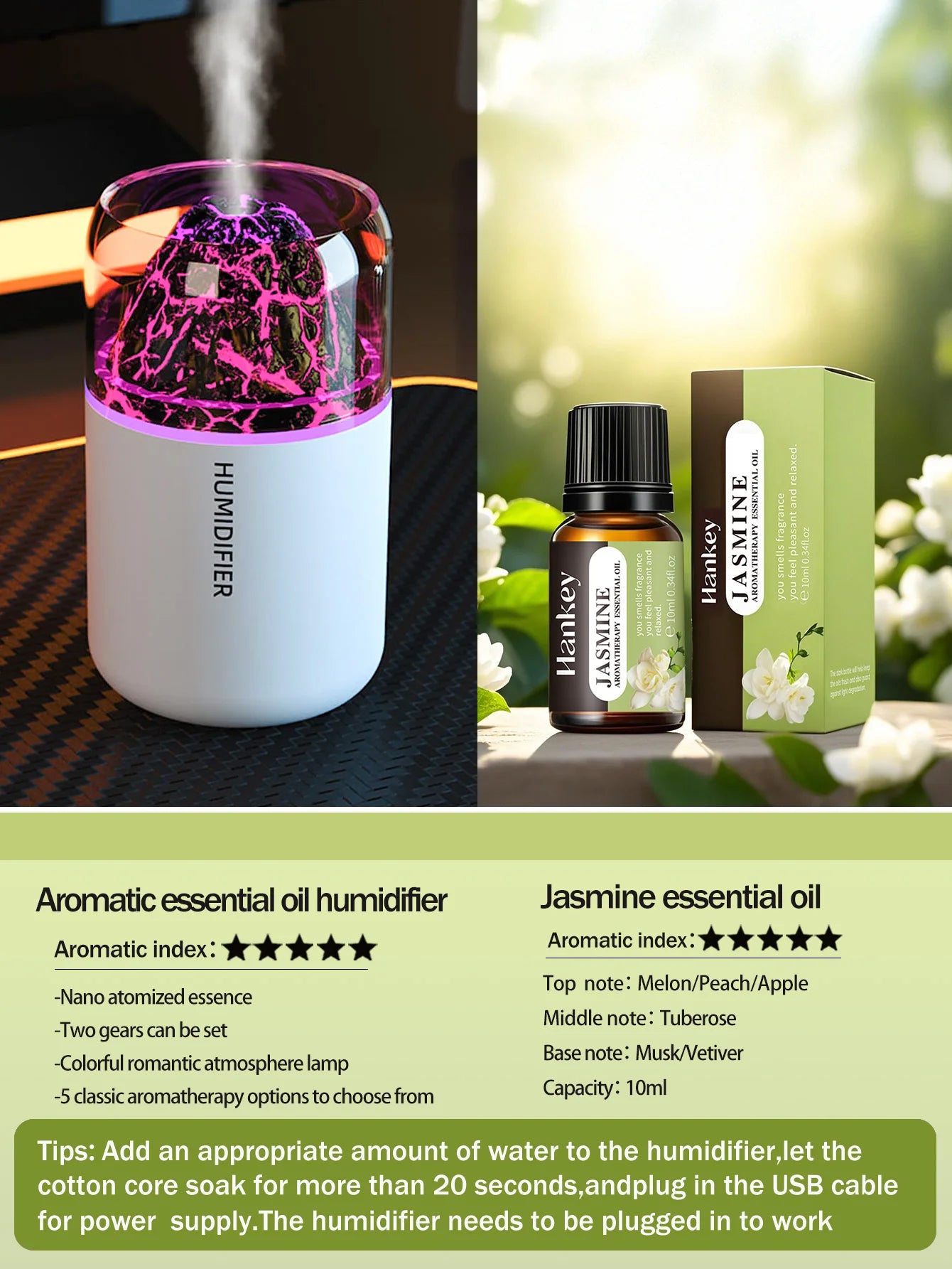 Tuzwa Volcano Aroma Diffuser & Ultrasonic Humidifier with Color Changing Light – USB Compact Essential Oil Diffuser for Home & Travel