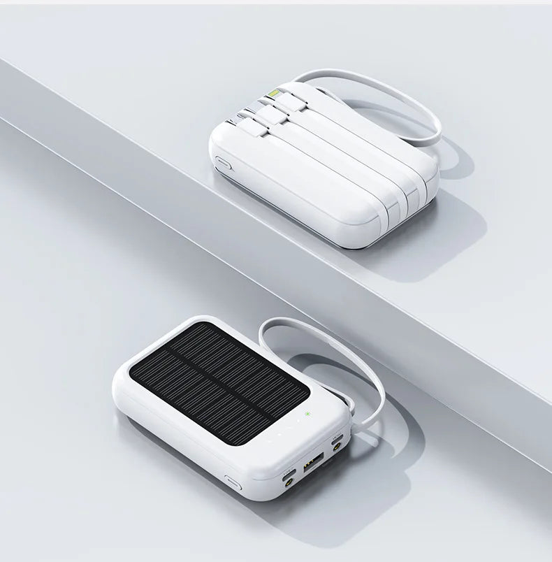 Tuzwa 200000mAh Solar Power Bank with 4 Built-In Cables – High-Capacity Portable Phone Charger for iPhone, Samsung & USB Devices