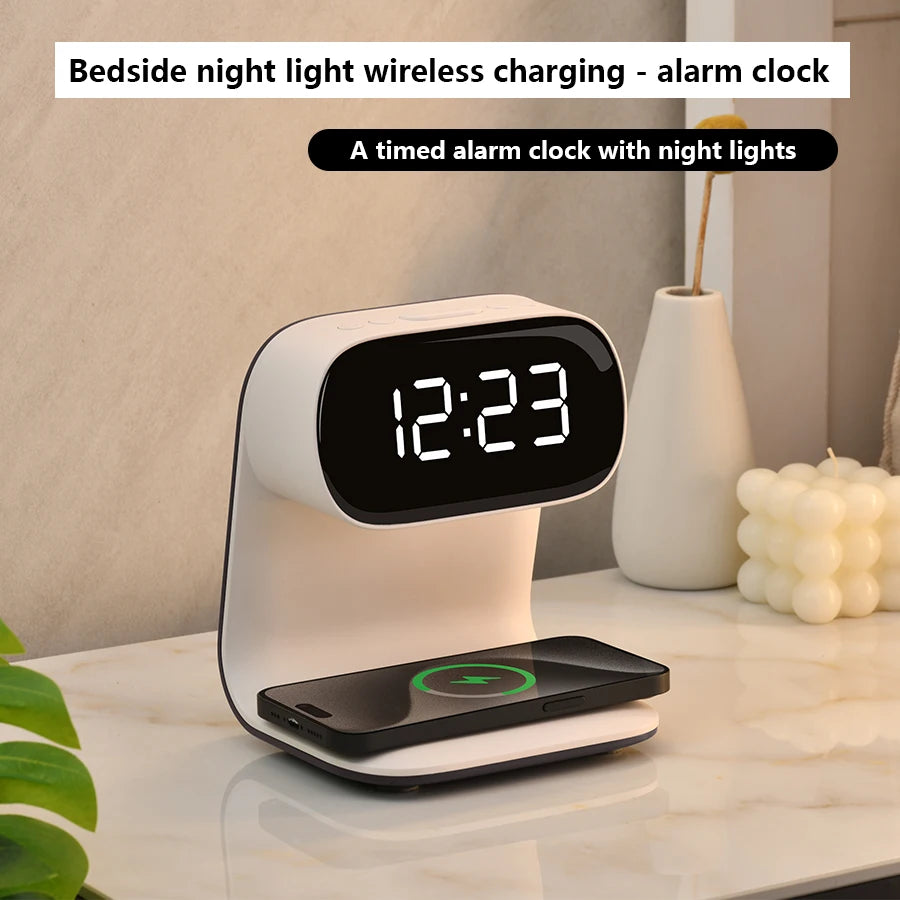 Tuzwa LED Alarm Clock with Wireless Charging & Warm Mood Light – 165mm Bedside Clock Lamp for Bedroom & Nightstand