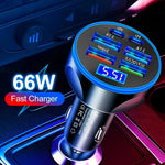 Tuzwa 6-in-1 Fast Car Charger with Digital Monitor – Multi-Port USB & USB-C Vehicle Charging Adapter for Multiple Devices
