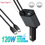 Tuzwa 120W 4-in-1 Fast Car Charger with Dual Retractable Cables – Multi-Port Vehicle Charging Adapter for iPhone, Android & USB Devices