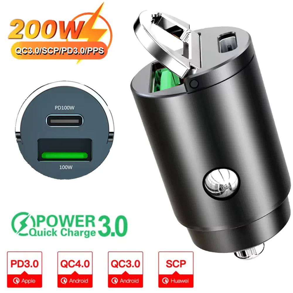 Tuzwa Mini USB-C Car Charger with QC3.0 & PD Fast Charging – Compact Alloy Type-C Vehicle Charging Adapter for Phones & Devices