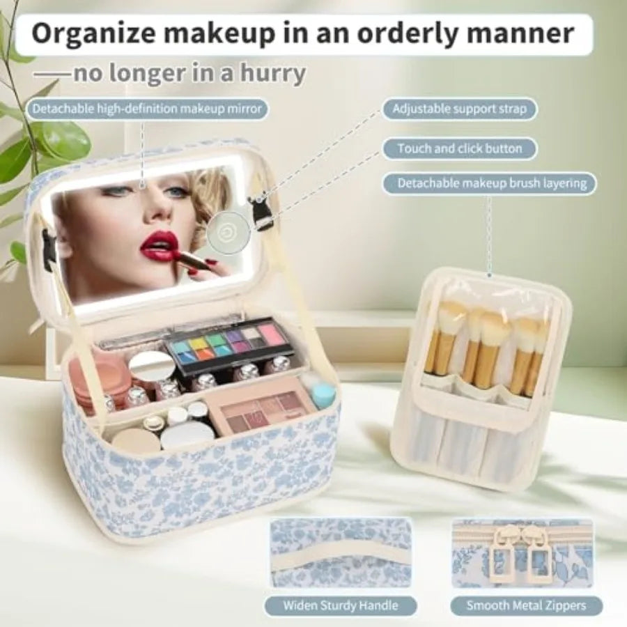Tuzwa Travel Makeup Bag with LED Lighted Mirror – Portable Cosmetic Organizer Case for Makeup, Beauty & Travel Essentials