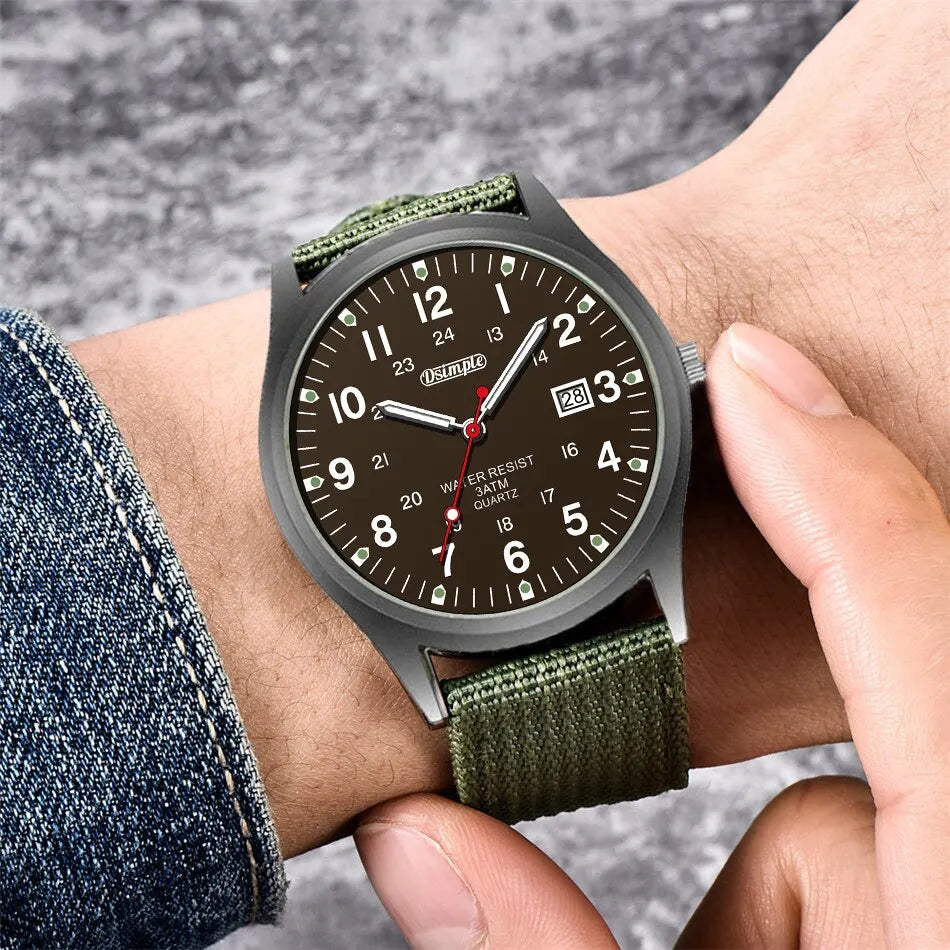 Tuzwa Men's Luminous Military Watch – Quartz Movement, Easy-Read Arabic Numerals, Nylon Strap, Slim 8mm Round Case