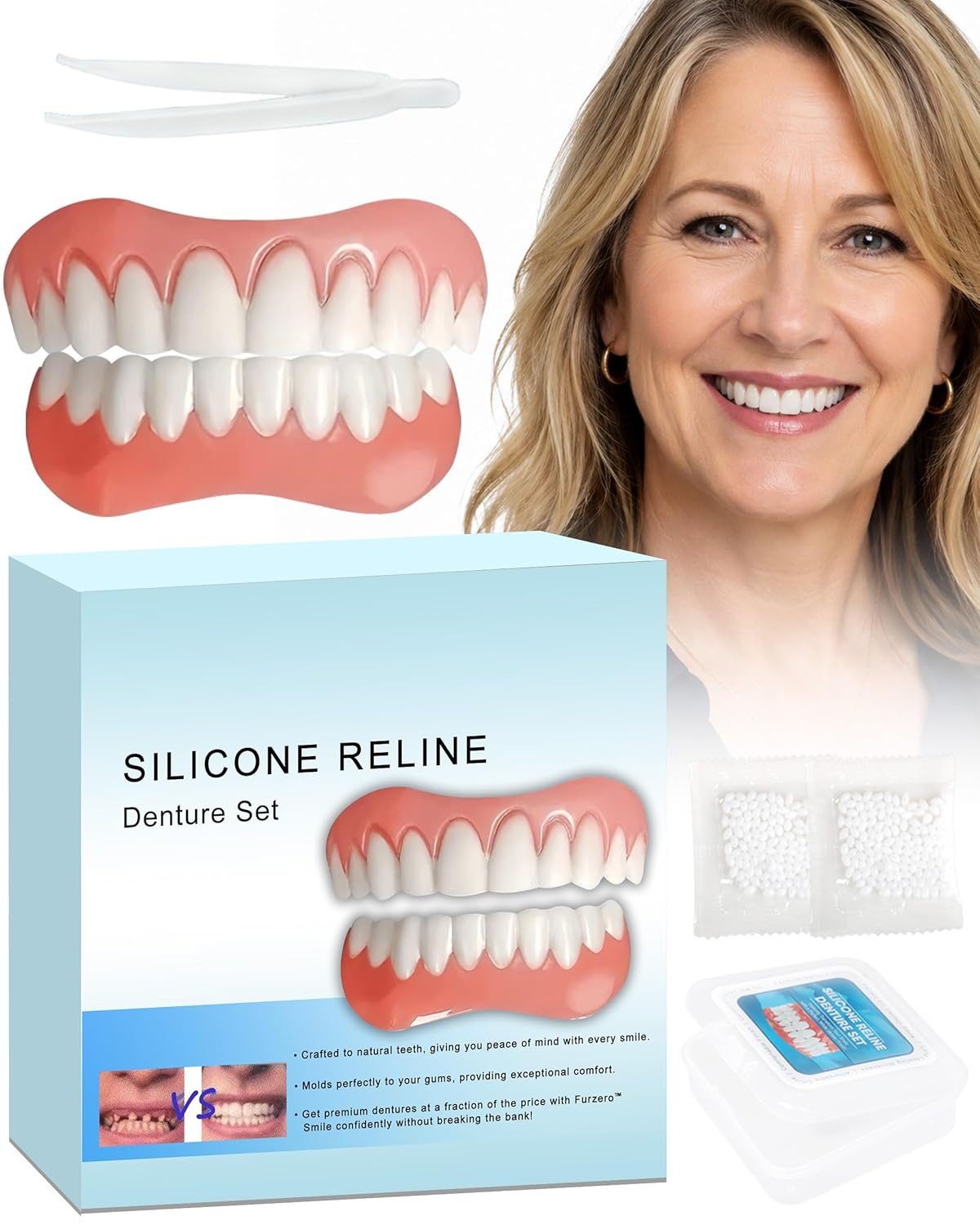 Silicone Dentures | Natural-Looking Boil and Bite Design for Comfortable Fit | Easy to Clean for Daily Wear 0