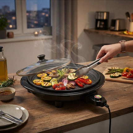 BBQ Grill for Indoor Use, Smokeless Electric Grill with Adjustable Thermostat, 14 in Nonstick Indoor Grill