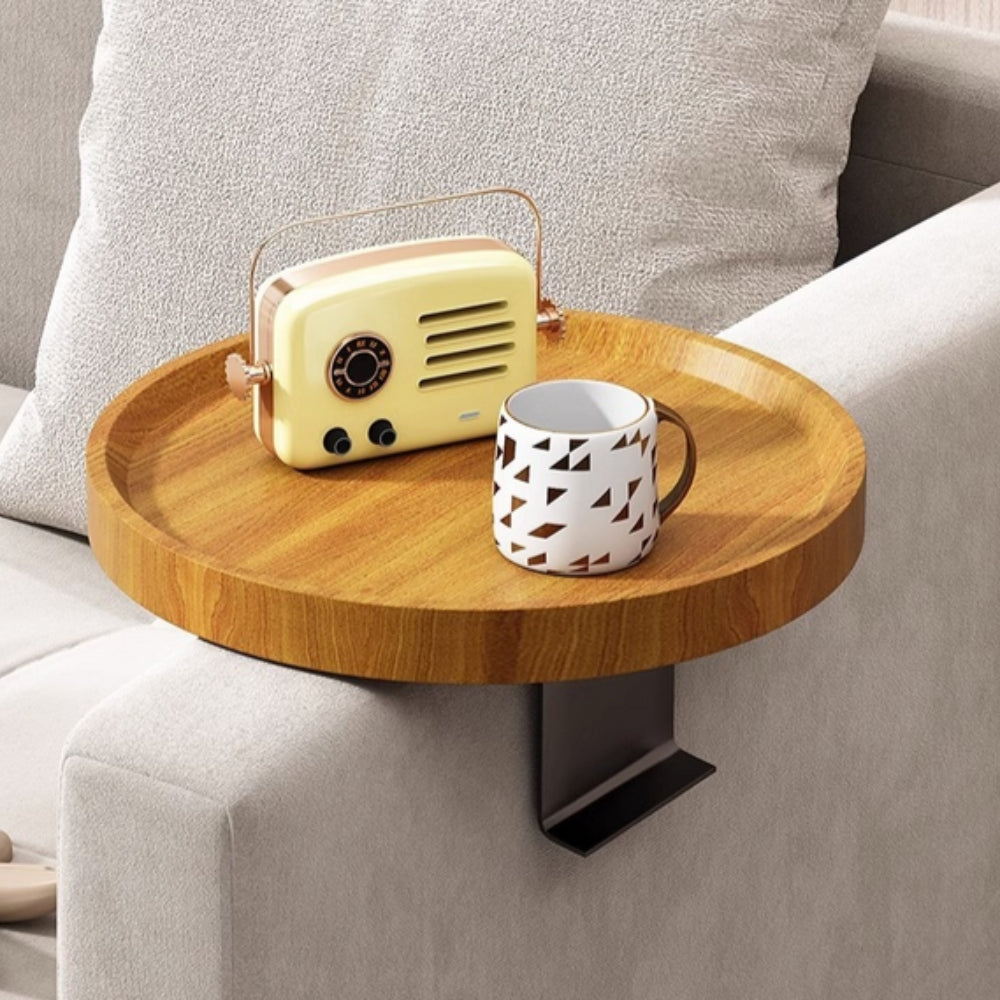 Sofa Arm Tray Table with Adjustable Clip-On Design | Durable Walnut Finish for Convenience 0