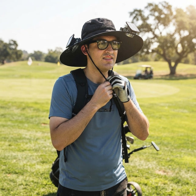 Mens Bucket Hat with Fan, Wide Brim Sun Hat with Dual Solar Cooling Fans, Sun Protection Hat for Men, Fishing and Golf