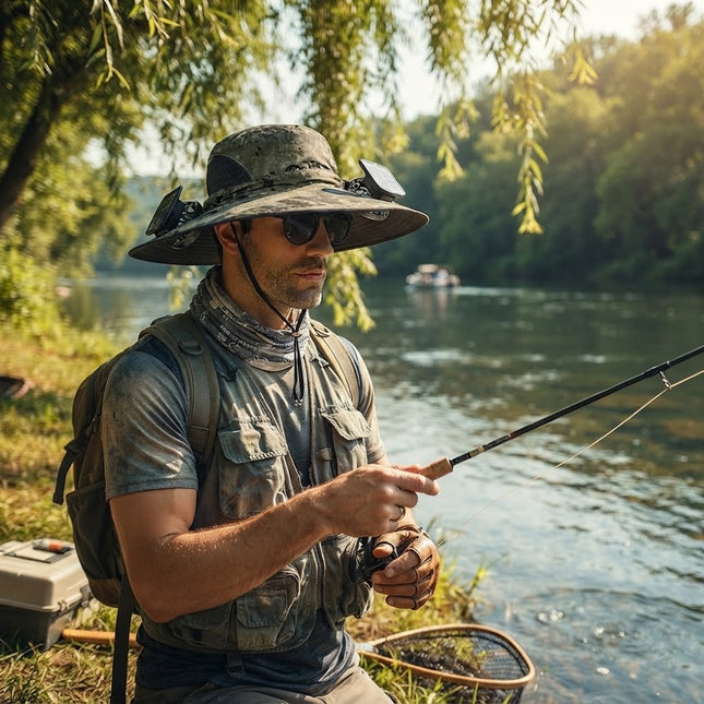 Mens Bucket Hat with Fan, Wide Brim Sun Hat with Dual Solar Cooling Fans