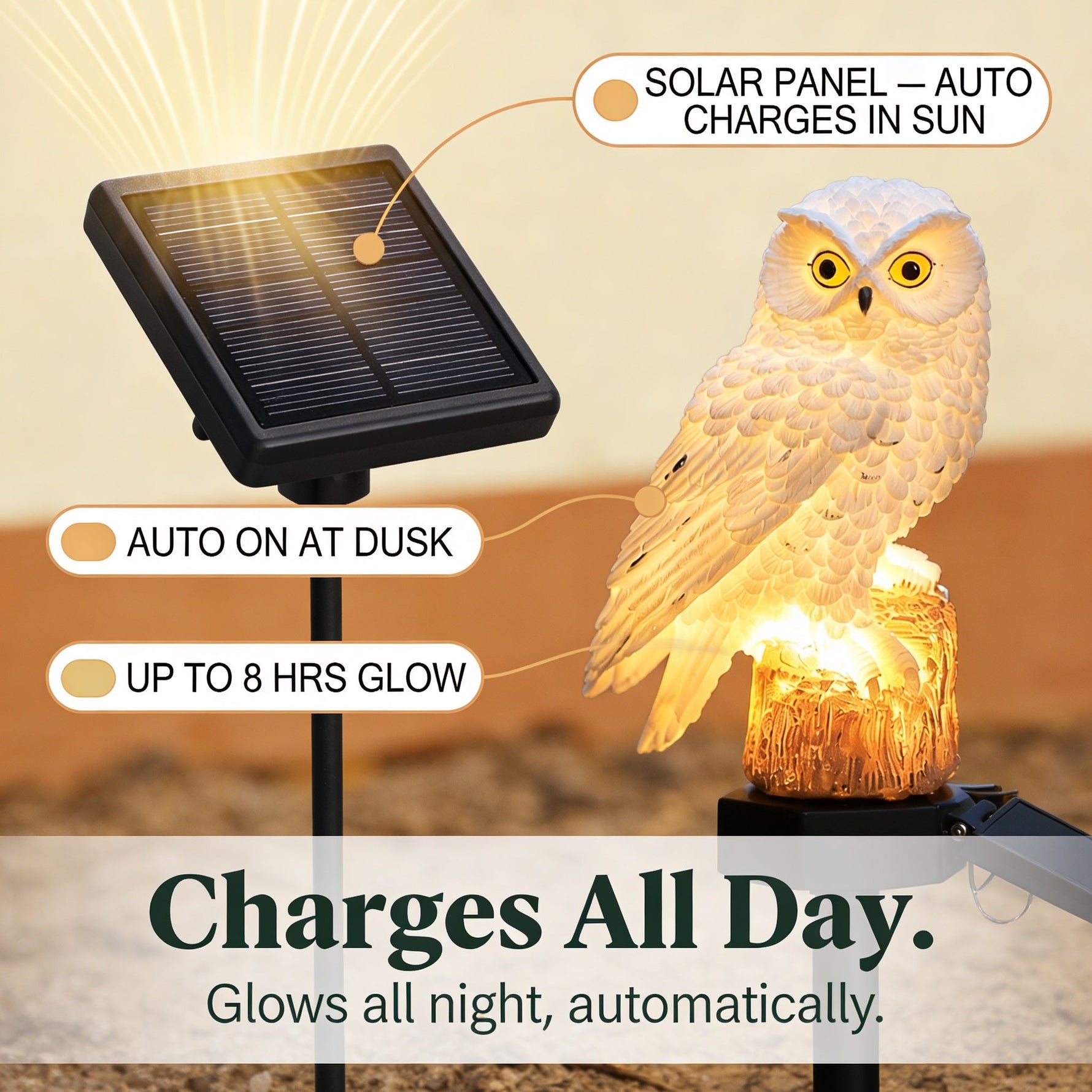 Solar Garden Light | Hand-Carved Owl Design with Auto Light Sensor for Enchanting Outdoor Ambiance 7