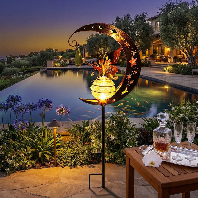 Solar Garden Lights Outdoor, Fairy on Crescent Moon Garden Decorations, Dusk to Dawn Light, Rechargeable Solar Light