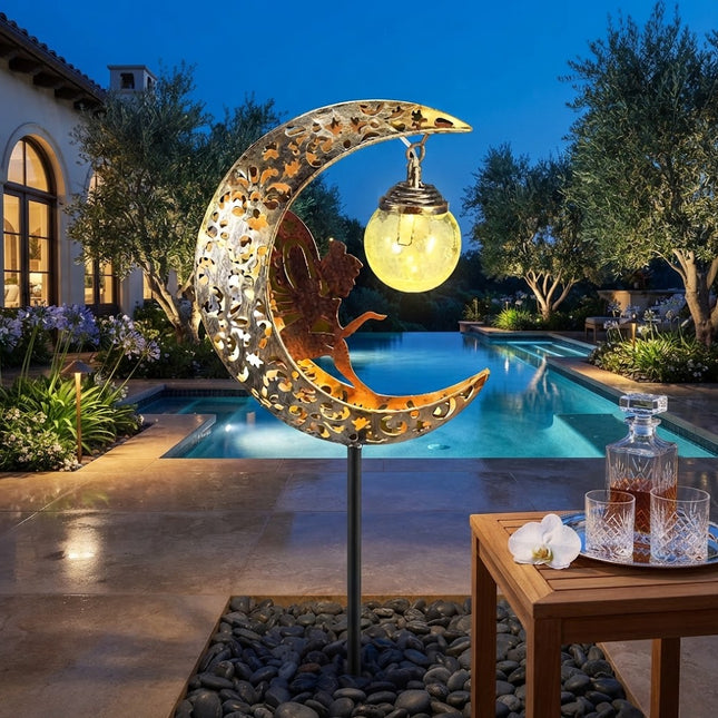 Solar Garden Lights Outdoor, Fairy on Crescent Moon Garden Decorations, Dusk to Dawn Light, Rechargeable Solar Light