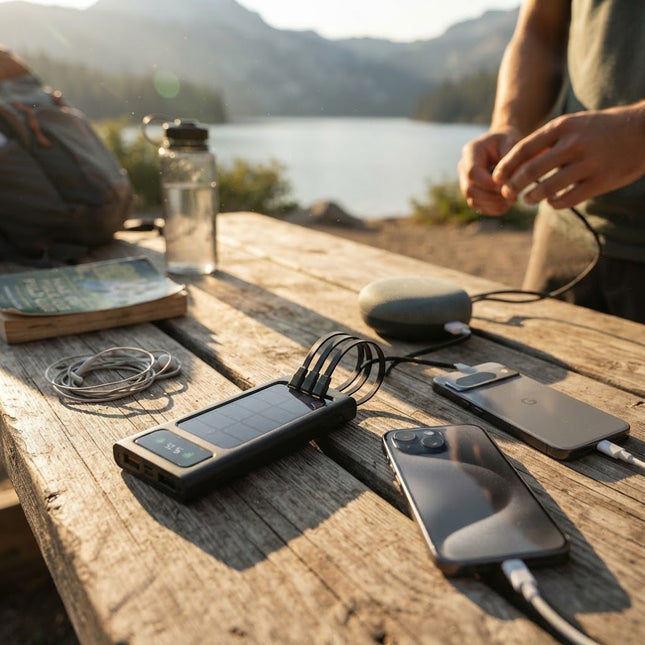 Portable Charger with Built In Cables, Solar Power Bank 20000mAh, Portable Phone Charger, Battery Pack with LED Display
