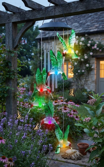 Solar Wind Chimes Outdoor, Hummingbird, Butterfly or Dragonfly Wind Chime with Color Changing Lights
