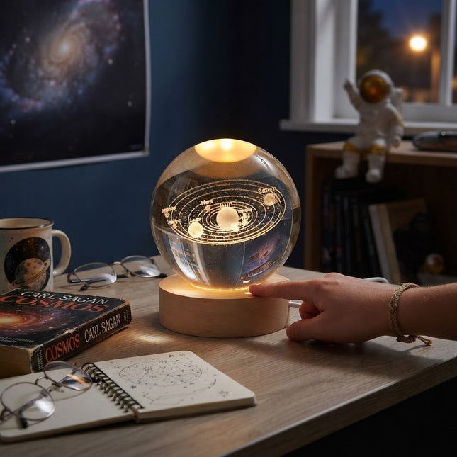 Table Lamp with 3D Engraved Sphere, Touch Lamp and Moon Lamp for Bedside, Saturn Solar System Galaxy Ambient Light