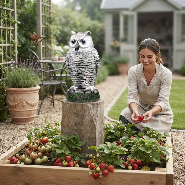 Squirrel Repellent Owl Decoy with Rotating Head, Raccoon Deterrent and Bird Deterrent for Garden, Realistic Fake Owl