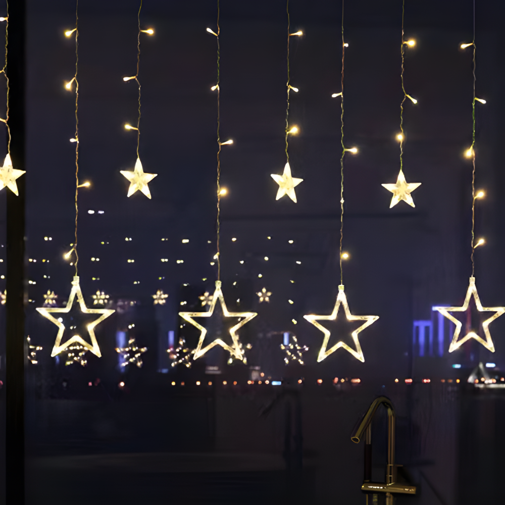 Starry Nights | LED Star Light Curtain with Timer Function | Warm White Glow for Festive Ambiance 0