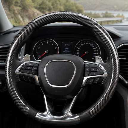 Steering Wheel Covers, Carbon Fiber Car Steering Wheel Cover with Non Slip Sweat Resistant Grip, 15 Inch Steering Wheel Cover