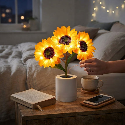 Bedside Lamp, Rechargeable LED Night Light with Copper Wire Sunflower, Cordless Lamp and Nightstand Lamp for Bedroom
