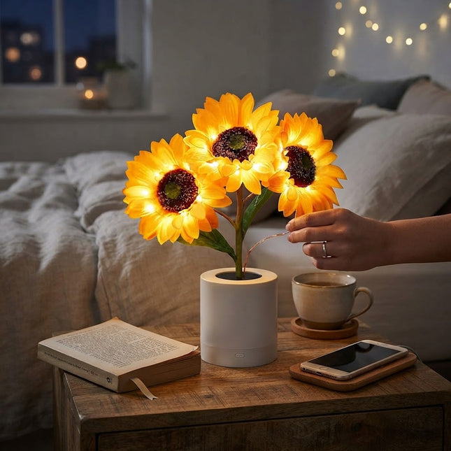 Bedside Lamp, Rechargeable LED Night Light with Copper Wire Sunflower, Cordless Lamp and Nightstand Lamp for Bedroom
